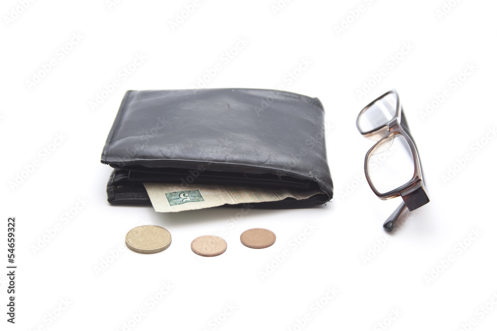 Geldbörse mit Lesebrille und Münzgeld Geldbörse mit Lesebrille und Münzgeld