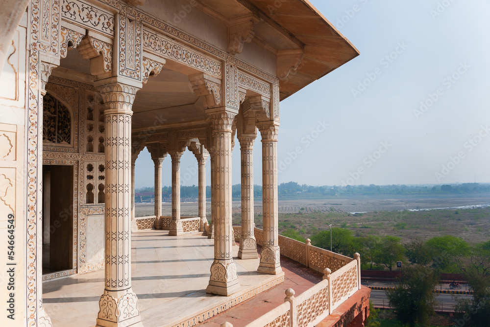Columned viewing point outside royal chambers at Agra Fort.