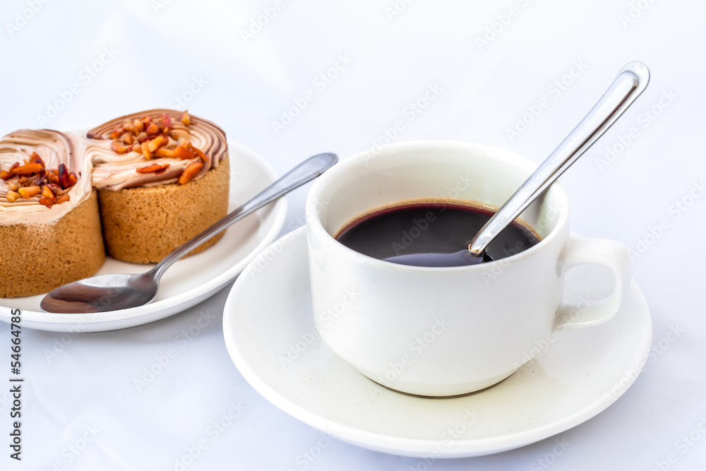 Cup of coffee and delicious cake on white background Cup of coffee and delicious cake on white background
