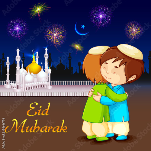 vector illustration of people hugging and wishing Eid Mubarak