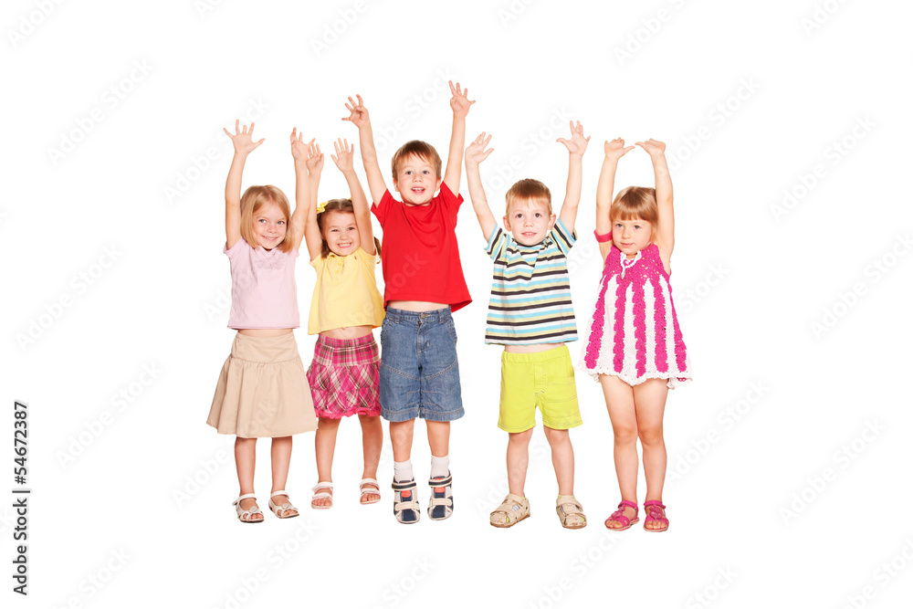 Fototapeta premium Group of children raising their hands up