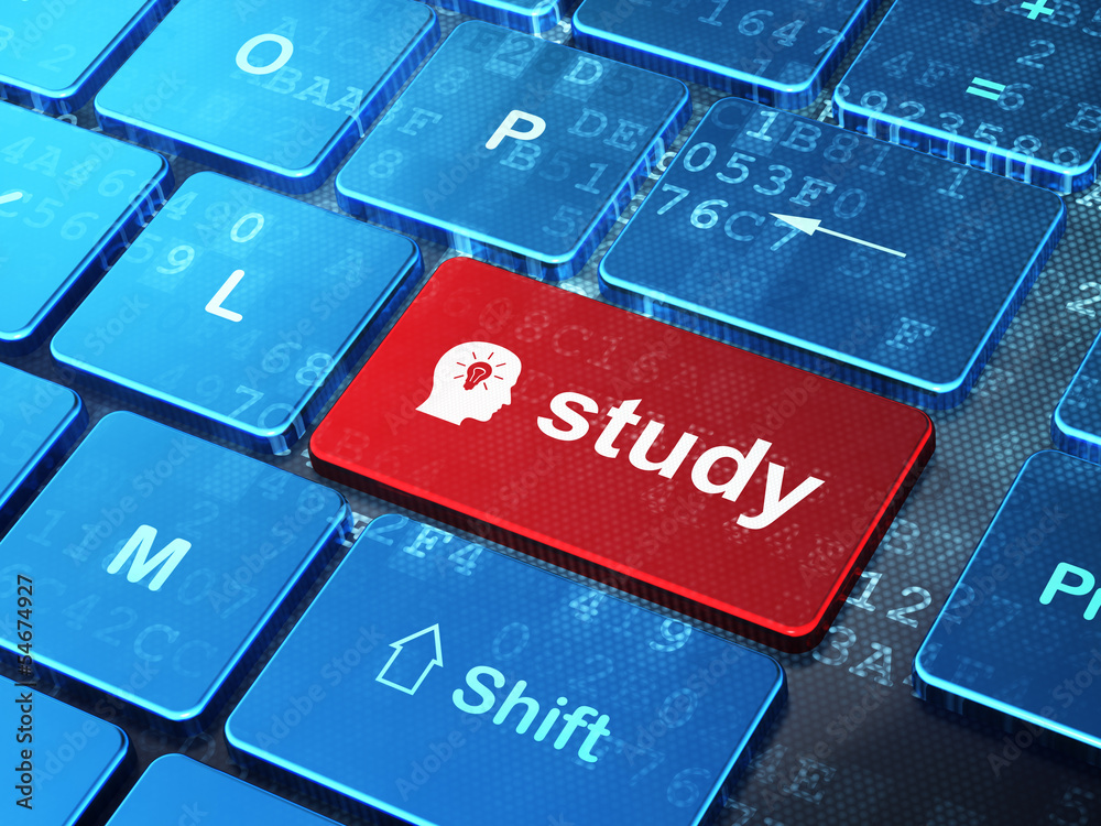 Fototapeta premium Education concept: Head With Light Bulb and Study on computer ke