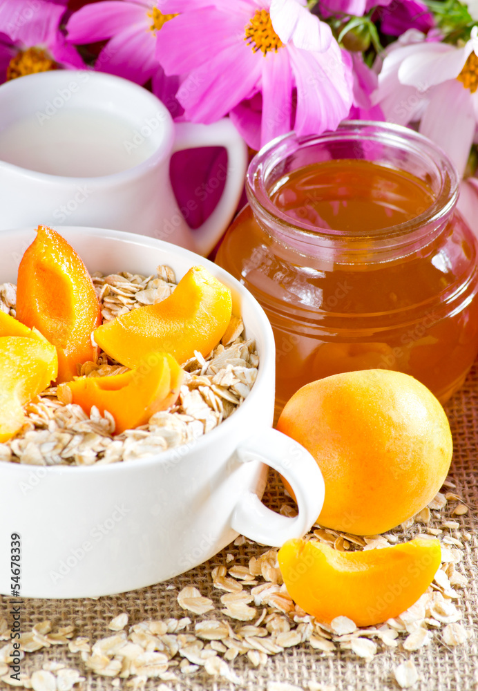 Apricot in the bowl, oatmeal and milk jug Apricot in the bowl, oatmeal and milk jug