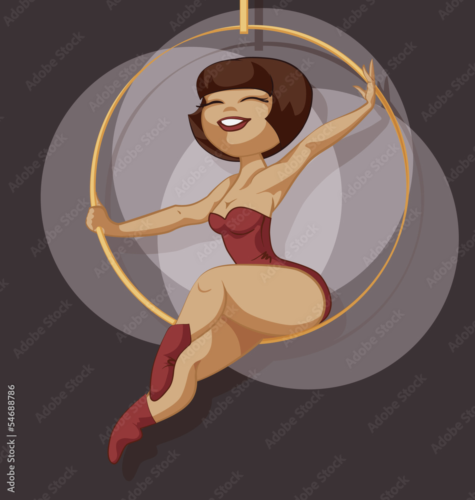 Pin-up cartoon girl circus aerial artist performace