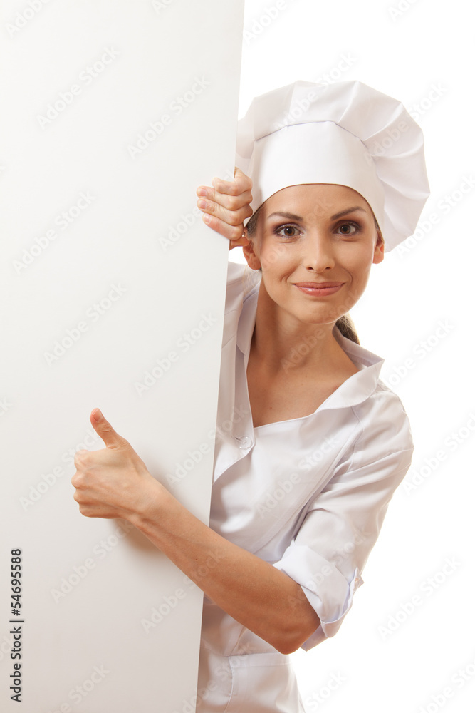 Chef woman with blank board in front of her Chef woman with blank board in front of her