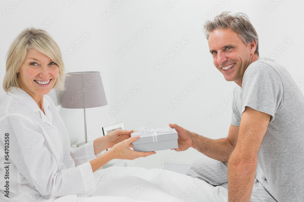 Man giving present to his smiling partner looking at camera Man giving present to his smiling partner looking at camera