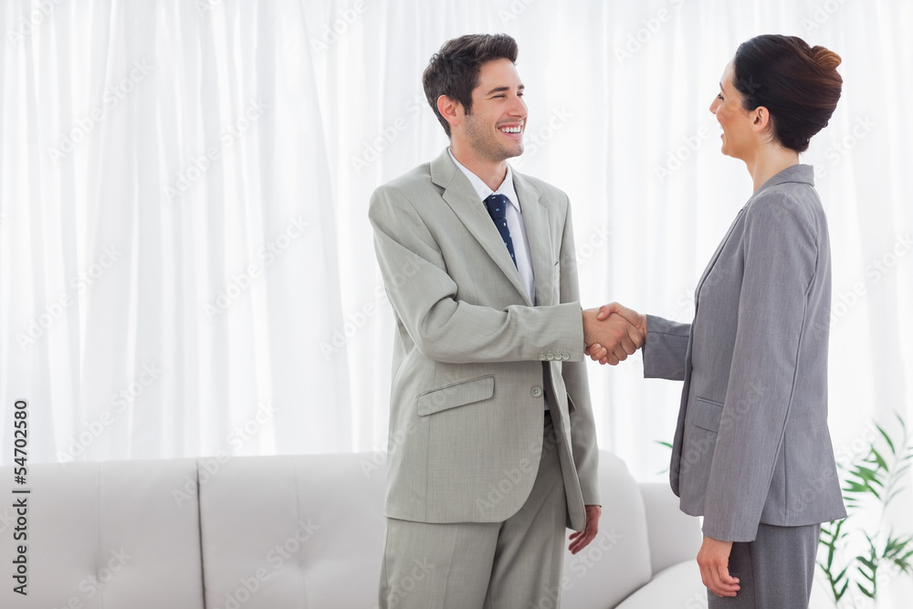 Smiling colleagues shaking hands during meeting Smiling colleagues shaking hands during meeting