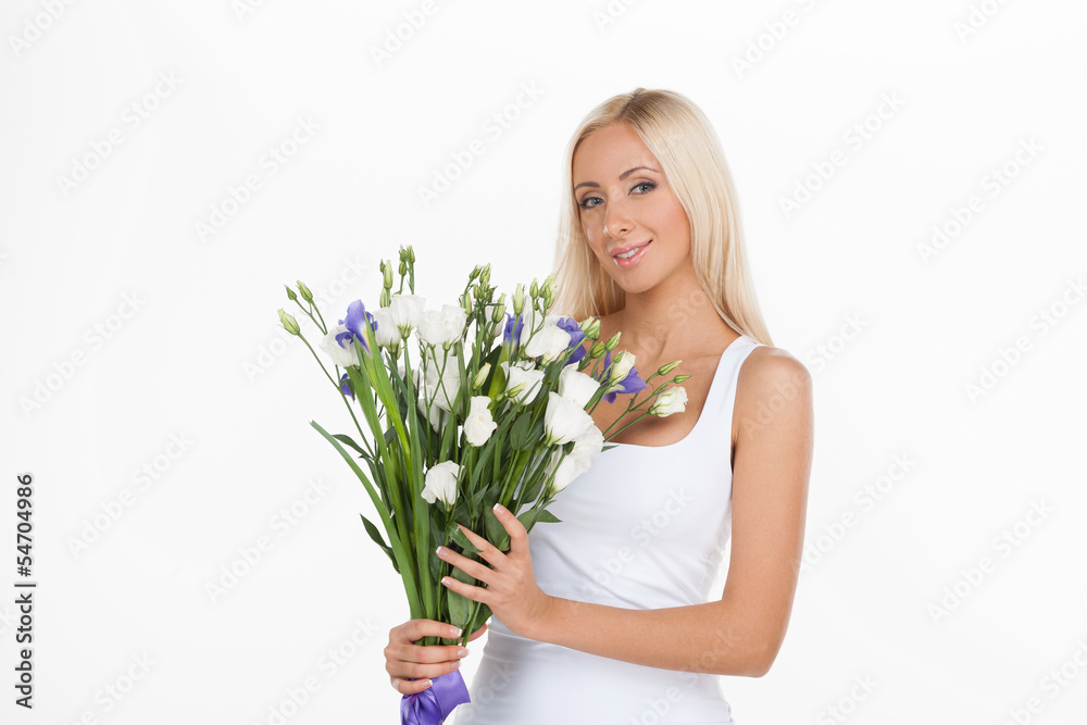 Beauty with flowers. Attractive young woman holding a bunch of f Beauty with flowers. Attractive young woman holding a bunch of f