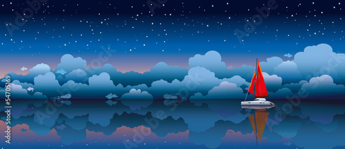 Sailing boat in a sea and night sky