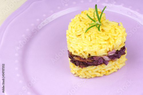 Heart shaped saffron rice with trevisano chicory photo