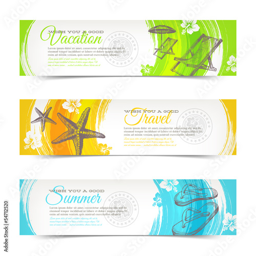 Travel and vacation vector banners with hand drawn elements