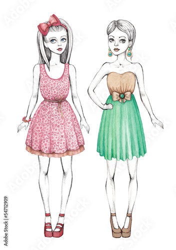 Fashion girls illustration. Line art and watercolor