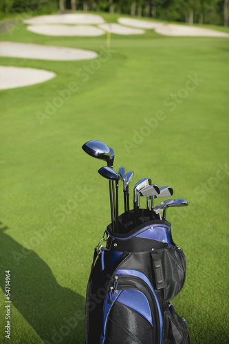 Golf bag and clubs against defocused course background