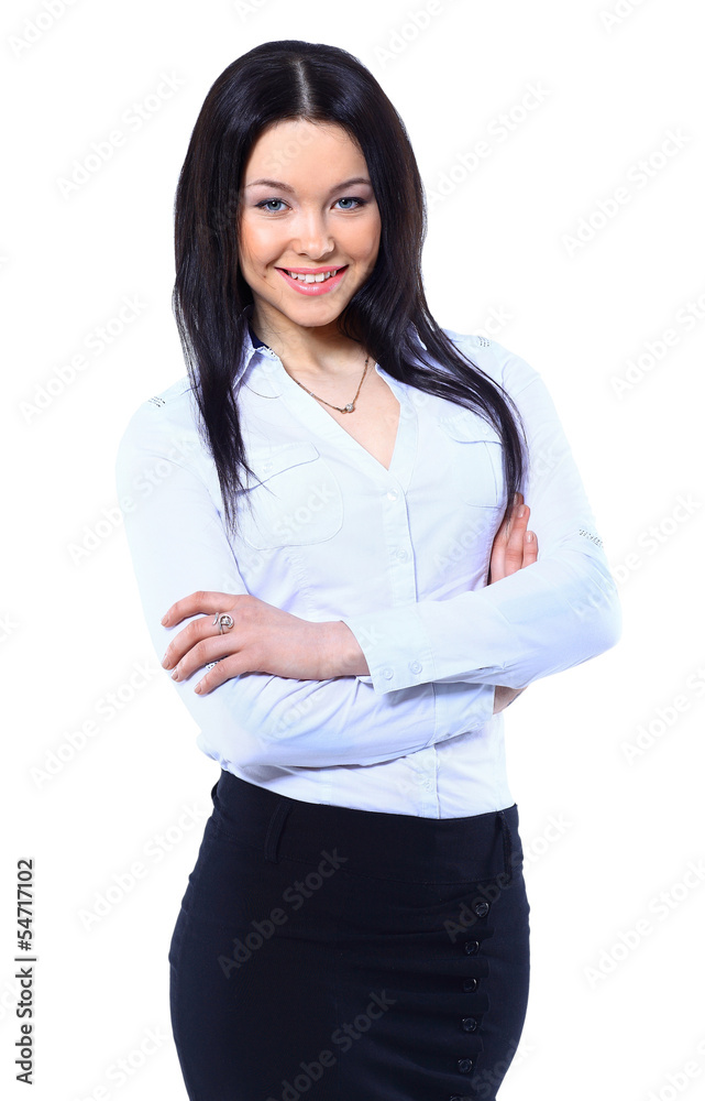 Positive business woman smiling over white background Positive business woman smiling over white background