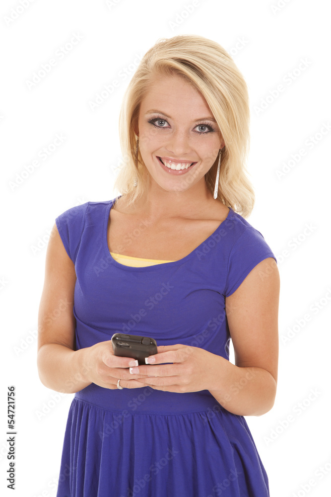 woman blue top green pants phone look smile woman blue top green pants phone look smile