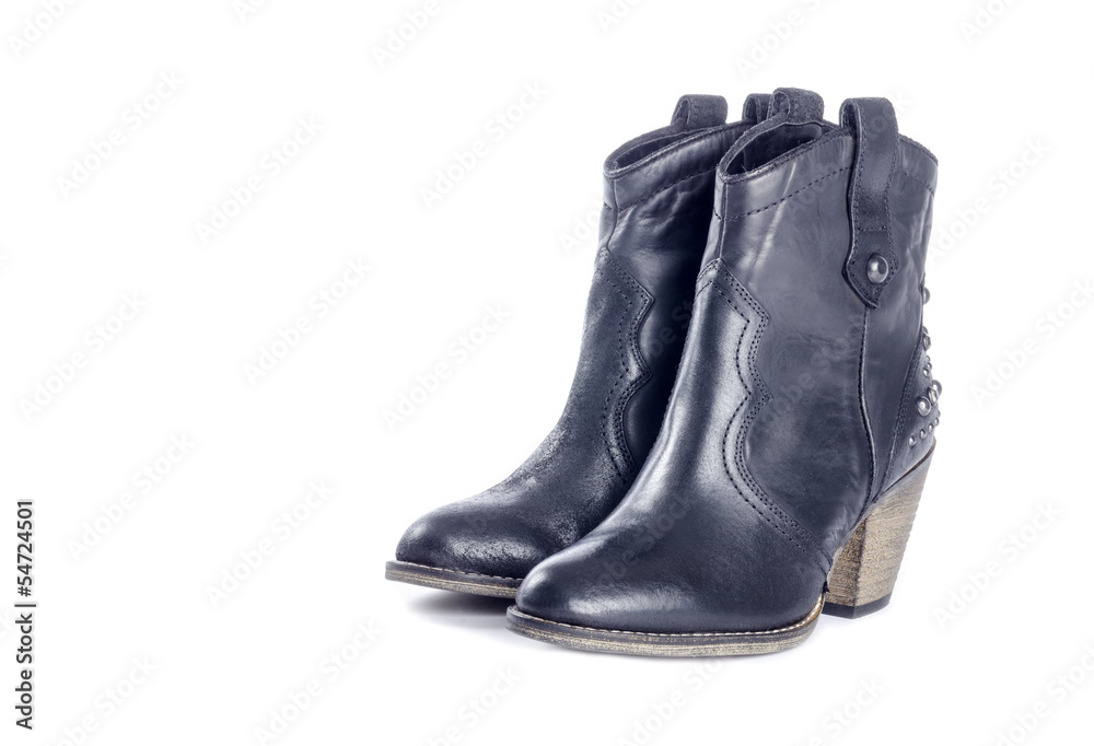 Woman's Black Leather Cowboy Boots Isolated on White