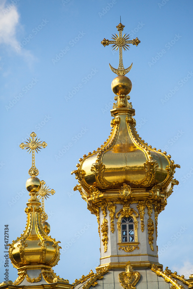 Closeup of golden cupola in Summer Gardens - Peterhof, Russia.