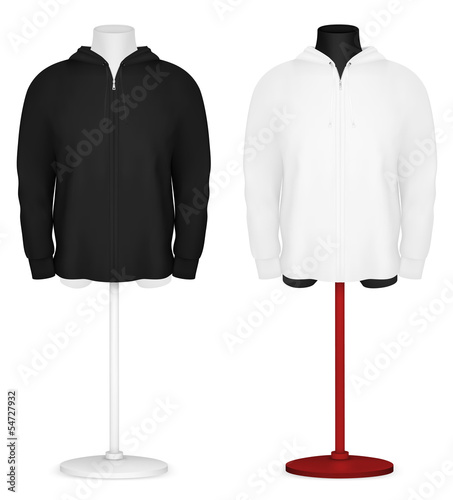 Plain long sleeve hooded jacket on mannequin torso template.