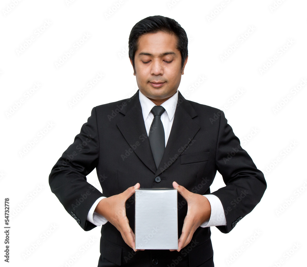 a businessman holding a pile of package parcels (isolated on whi a businessman holding a pile of package parcels (isolated on whi