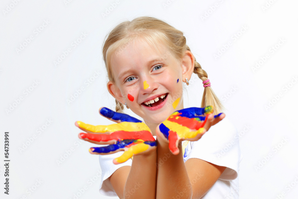 happy child with paint on the hands happy child with paint on the hands