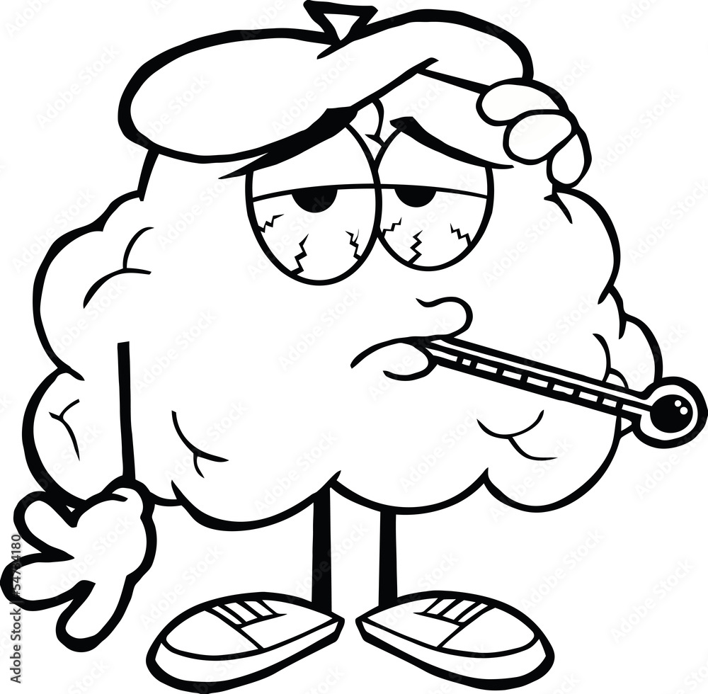Outlined Sick Brain Cartoon Character With Thermometer