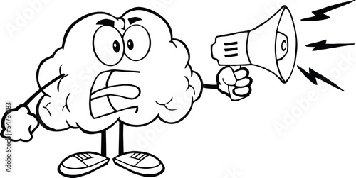 Outlined Angry Brain Cartoon Character Screaming Into Megaphone