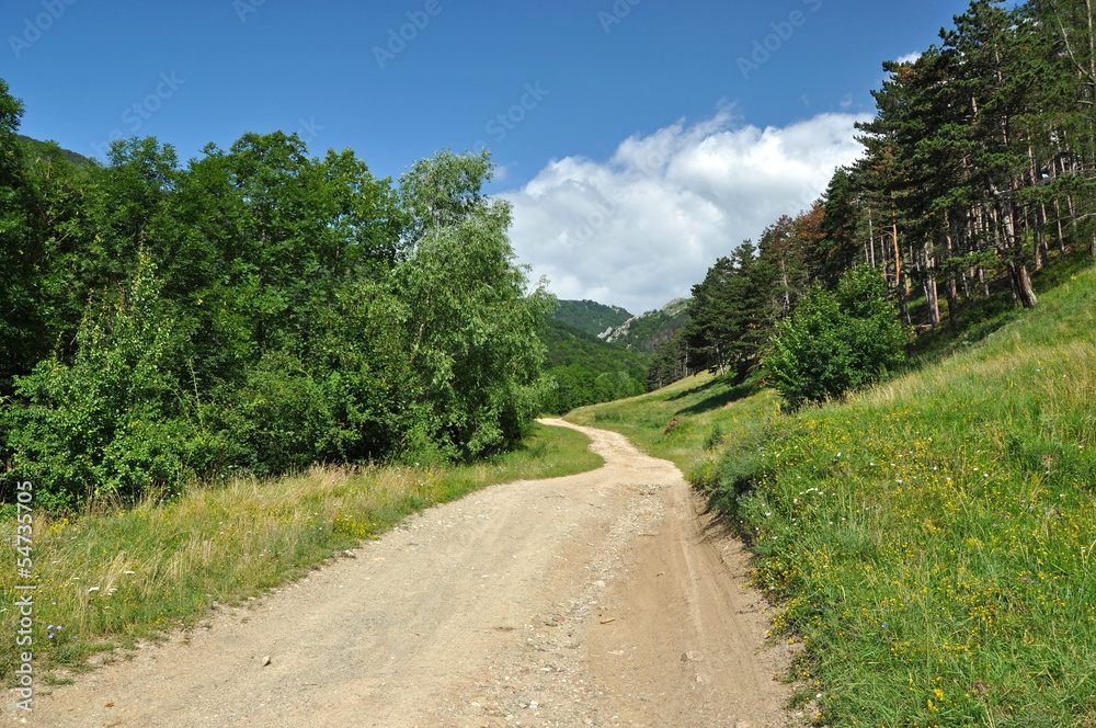Winding dirt lane, mountain road