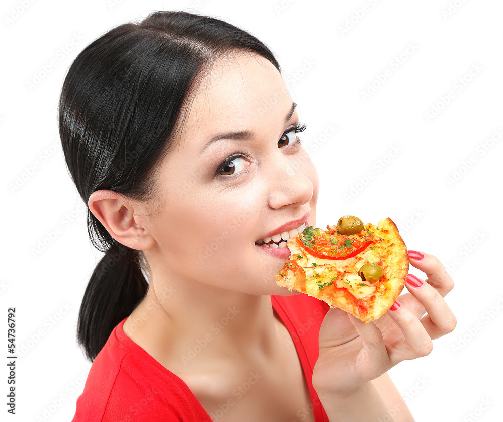 Beautiful girl eats pizza close-up isolated on white Beautiful girl eats pizza close-up isolated on white