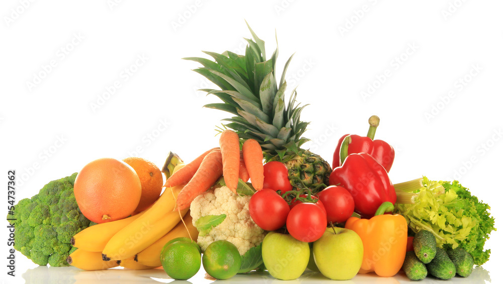 Assortment of fresh fruits and vegetables, isolated on white Assortment of fresh fruits and vegetables, isolated on white