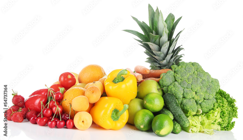 Assortment of fresh fruits and vegetables, isolated on white Assortment of fresh fruits and vegetables, isolated on white