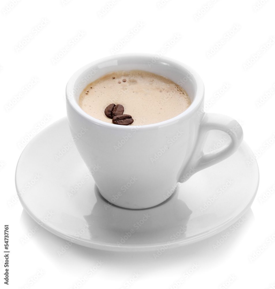 Cup of coffee with coffee beans, isolated on white Cup of coffee with coffee beans, isolated on white