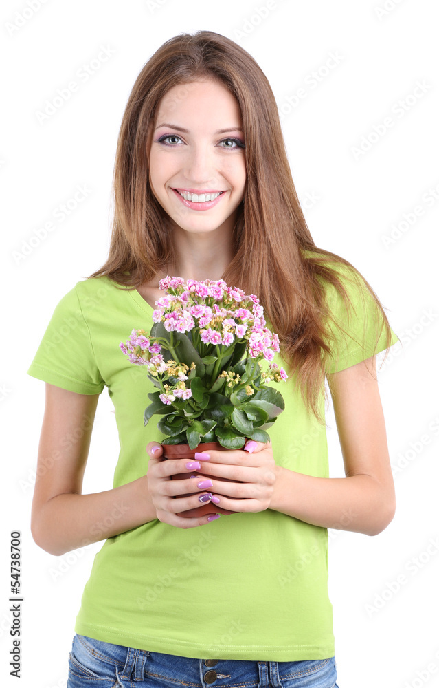 Beautiful girl with flower in pot isolated on white Beautiful girl with flower in pot isolated on white
