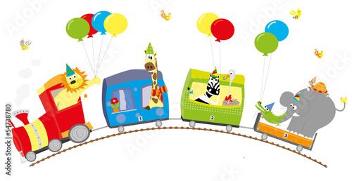 Happy animals with balloons and birthday train