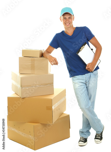 Young delivery man with parcels and clipboard, isolated on