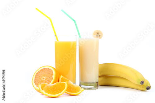 Oranges, bananas, slices and juices.