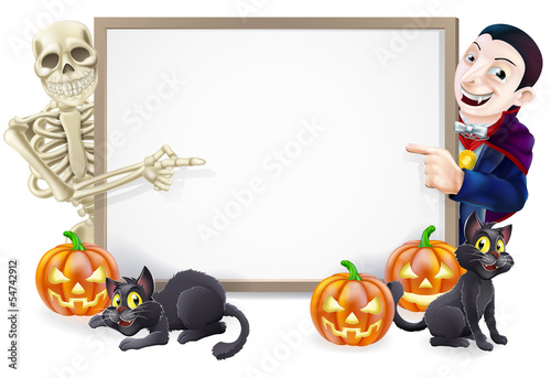 Halloween Sign with Skeleton and Dracula