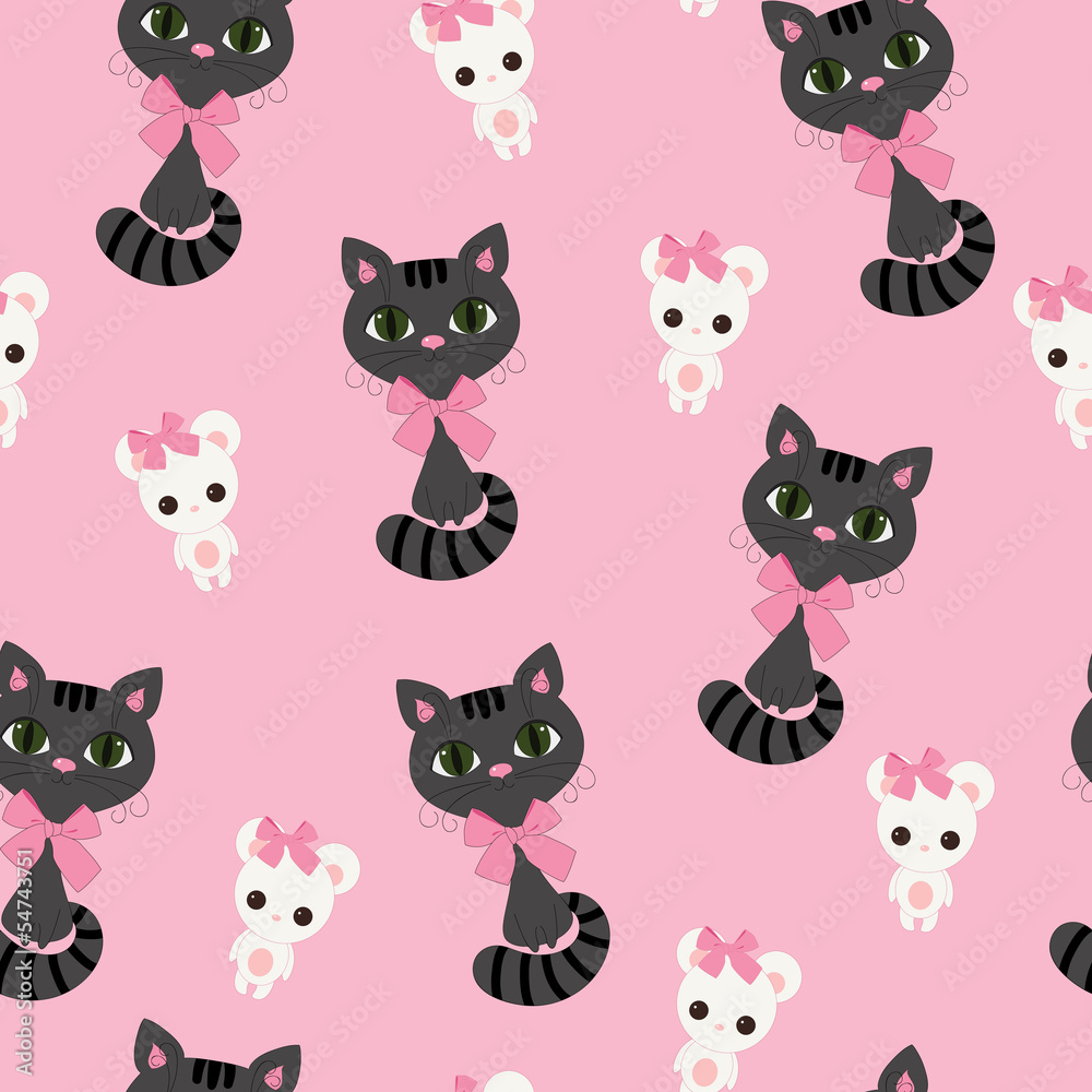 Seamless pink wallpaper with black cat and white mouse