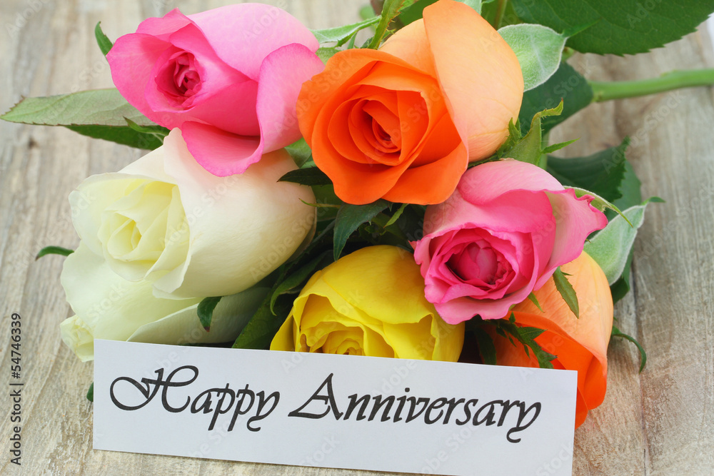 Happy Anniversary note with colorful roses