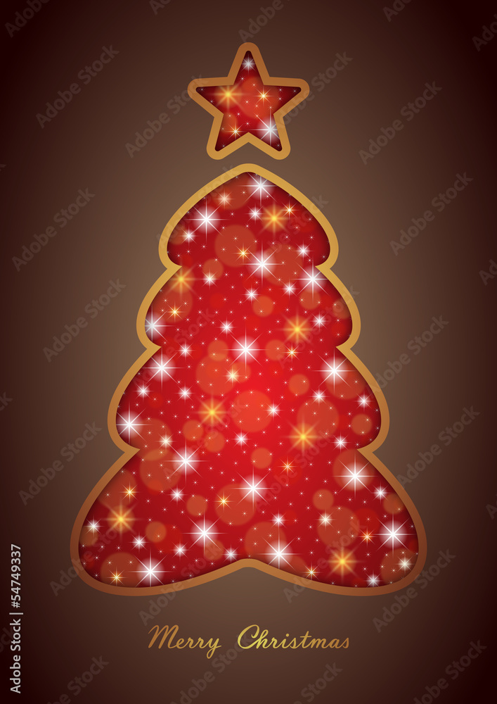 Weihnachtskarte mit sternübersähtem Christbaum rot/gold