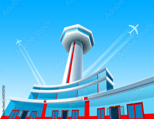 Airport with a control tower and a terminal. Aircraft take off up on the backgroun of blue sky and leave an air jet. The spacious building is made of glass with windows and doors. Vector illustration.