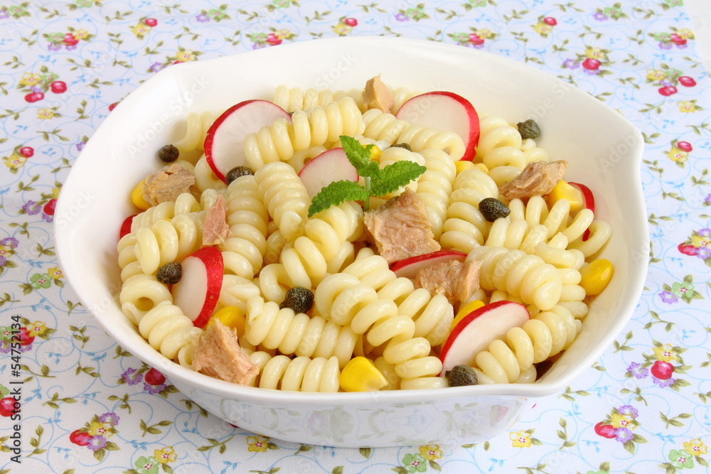 Pasta salad with radish, capers, sweet corn and tuna fish Pasta salad with radish, capers, sweet corn and tuna fish