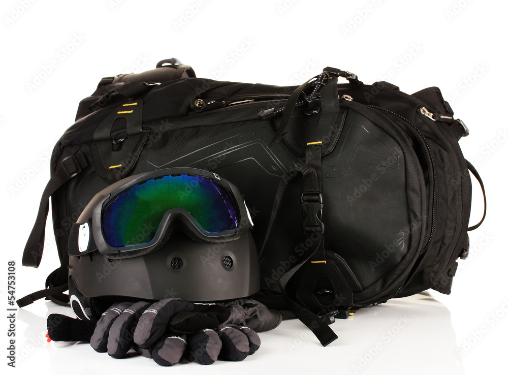 Winter sport glasses, helmet and gloves, backpack, isolated Winter sport glasses, helmet and gloves, backpack, isolated