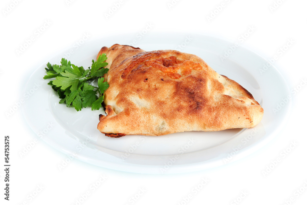 Pizza calzone on table isolated on white Pizza calzone on table isolated on white
