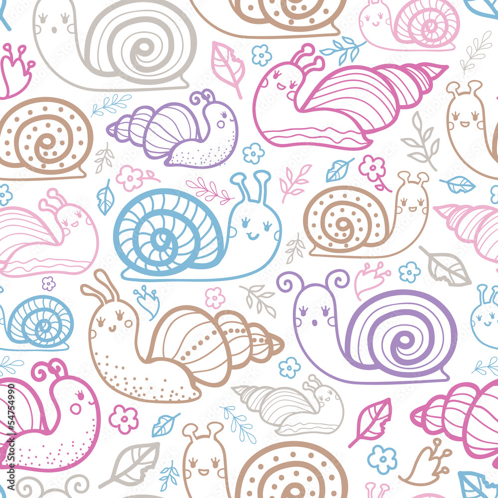 Cute smiling snails seamless pattern background with hand drawn