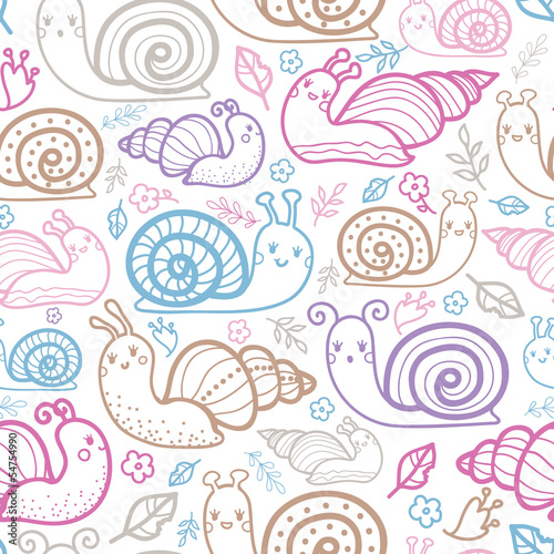 Cute smiling snails seamless pattern background with hand drawn
