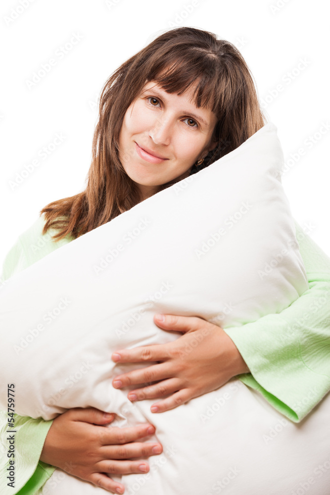 Beauty smiling woman holding pillow for rest and sleep Beauty smiling woman holding pillow for rest and sleep