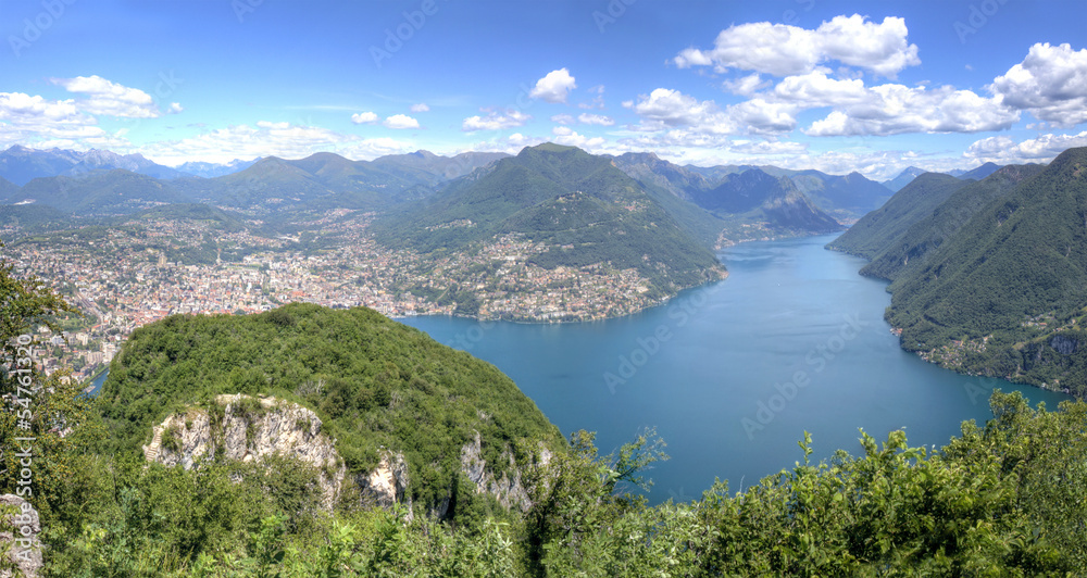 Landscape of Alpine mountains at Lake Lugano