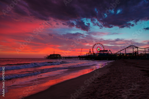 Santa Monica ocean beach and pier at sunset