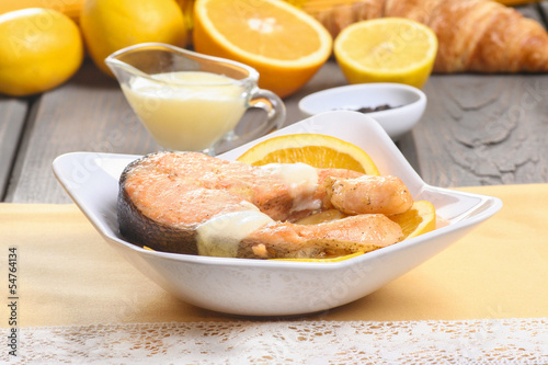 Salmon in bechamel sauce, selective focus