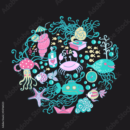 Vector illustration of circle made of sea life elements. Bright